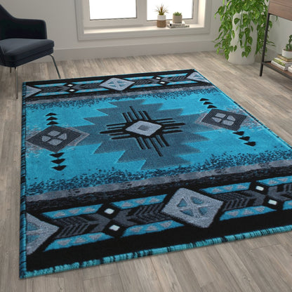 6' x 9' Turquoise Traditional Southwestern Area Rug - Olefin Fibers
