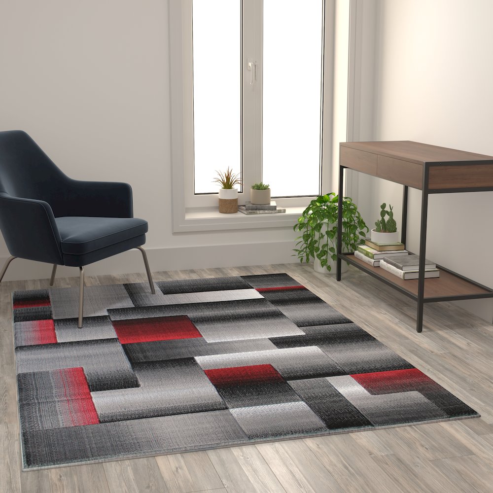 5' x 7' Red Color Blocked Area Rug - Olefin Rug