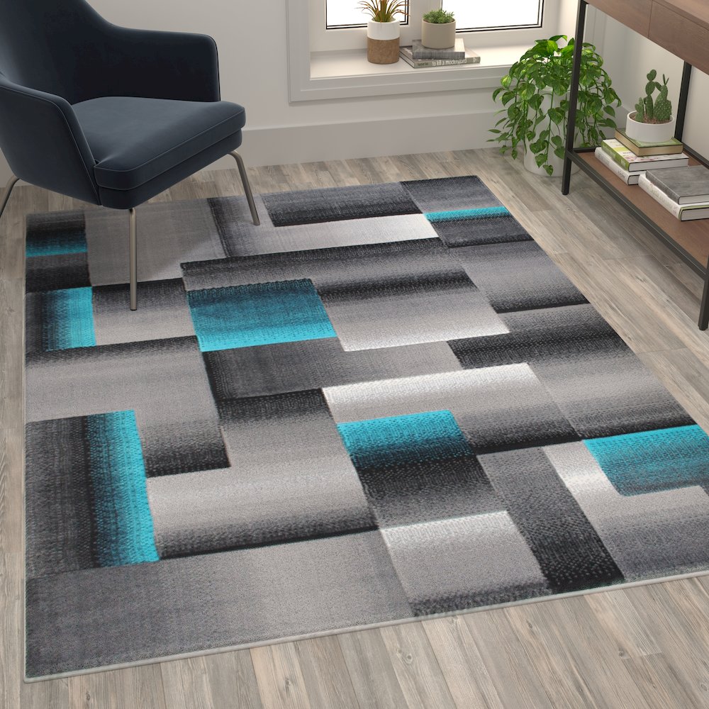 5' x 7' Turquoise Color Blocked Area Rug - Olefin Rug