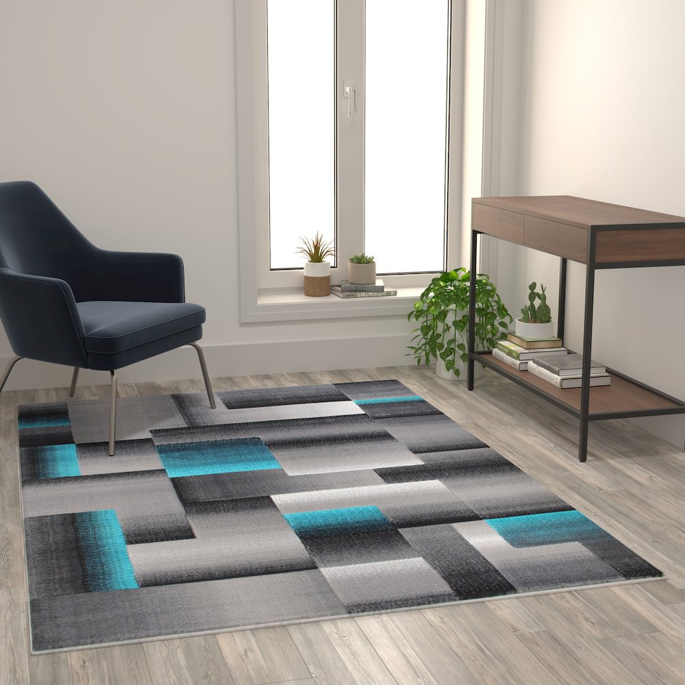 5' x 7' Turquoise Color Blocked Area Rug - Olefin Rug
