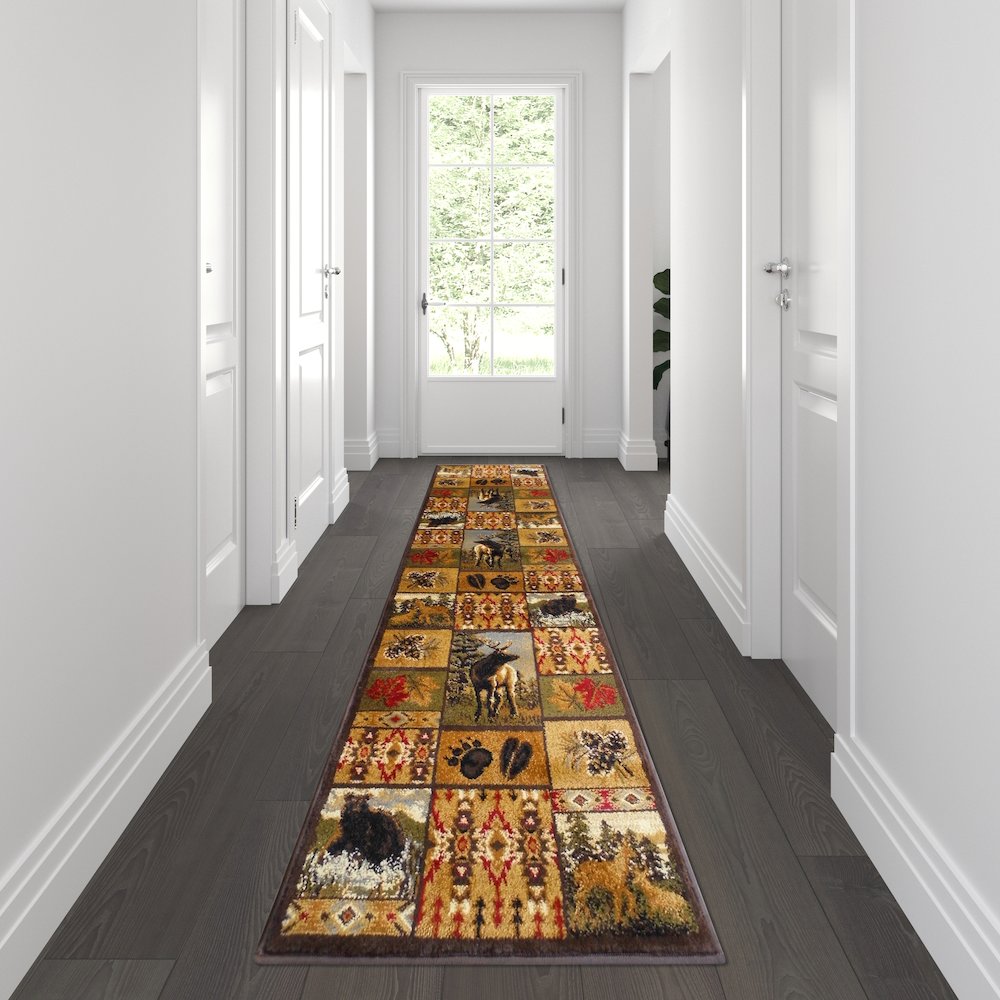 Beige 2' x 7' Wilderness Bear and Moose Area Rug with Jute Backing for Use