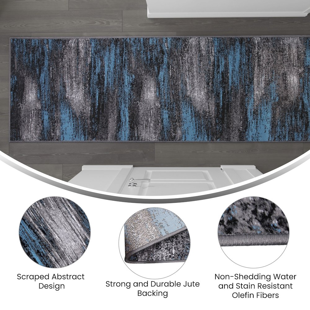 2' x 10' Blue Abstract Area Rug - Olefin Rug