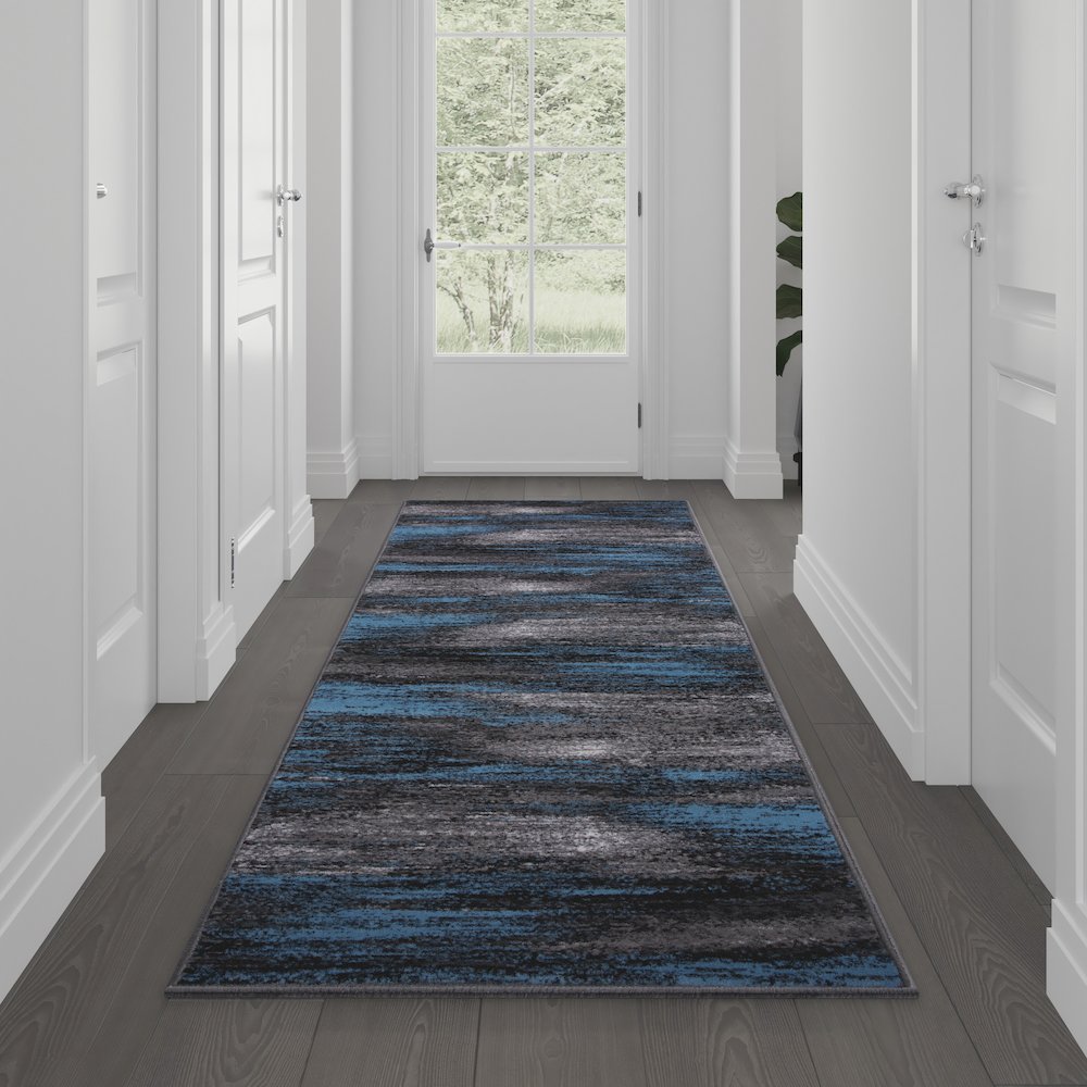 2' x 10' Blue Abstract Area Rug - Olefin Rug