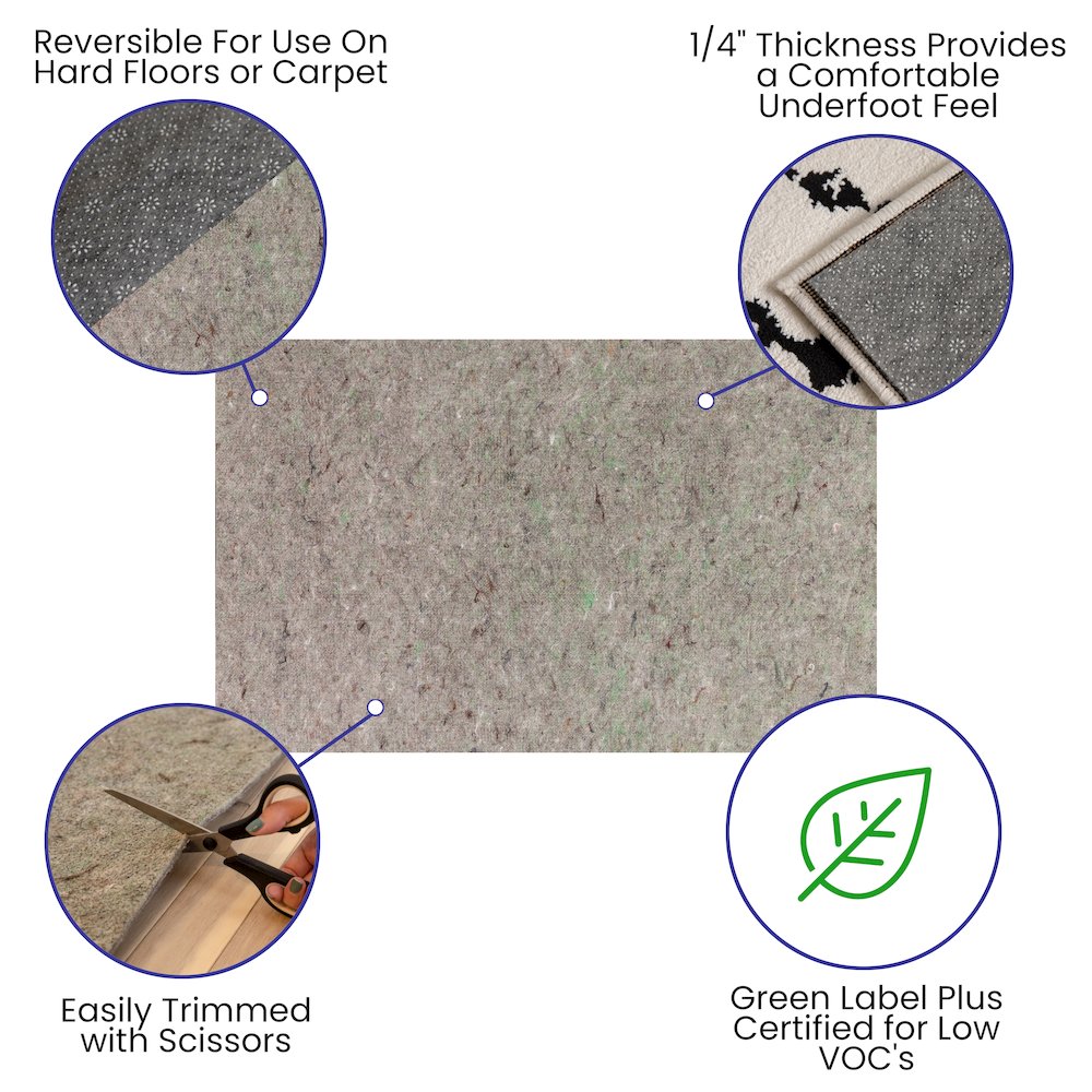 Slide-Stop Cushion Rug Pad, 1/4" Thick, for 5'x8' Area Rug, Gray