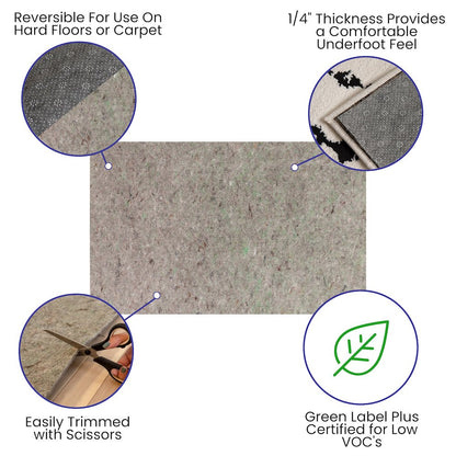 Slide-Stop Cushion Rug Pad, 1/4" Thick, for 5'x8' Area Rug, Gray