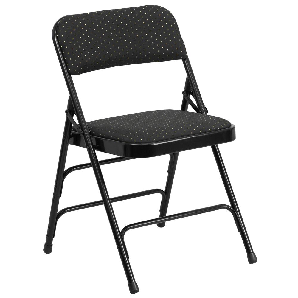 Curved Triple Braced & Double Hinged Black Patterned Fabric Metal Folding Chair