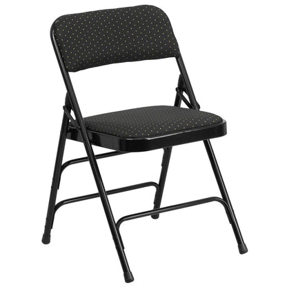 Curved Triple Braced & Double Hinged Black Patterned Fabric Metal Folding Chair