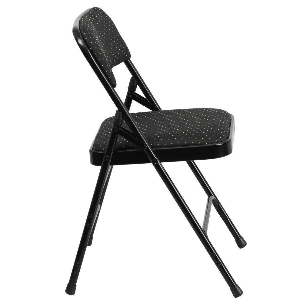 Curved Triple Braced & Double Hinged Black Patterned Fabric Metal Folding Chair