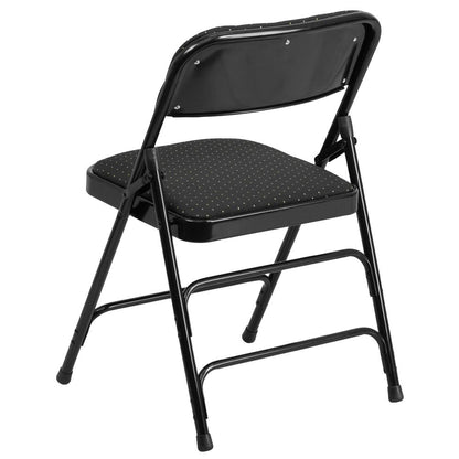 Curved Triple Braced & Double Hinged Black Patterned Fabric Metal Folding Chair