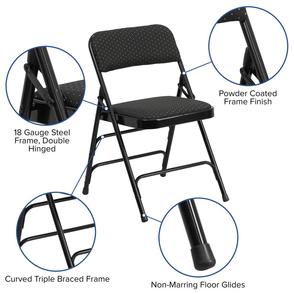 Curved Triple Braced & Double Hinged Black Patterned Fabric Metal Folding Chair