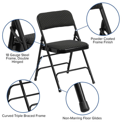 Curved Triple Braced & Double Hinged Black Patterned Fabric Metal Folding Chair