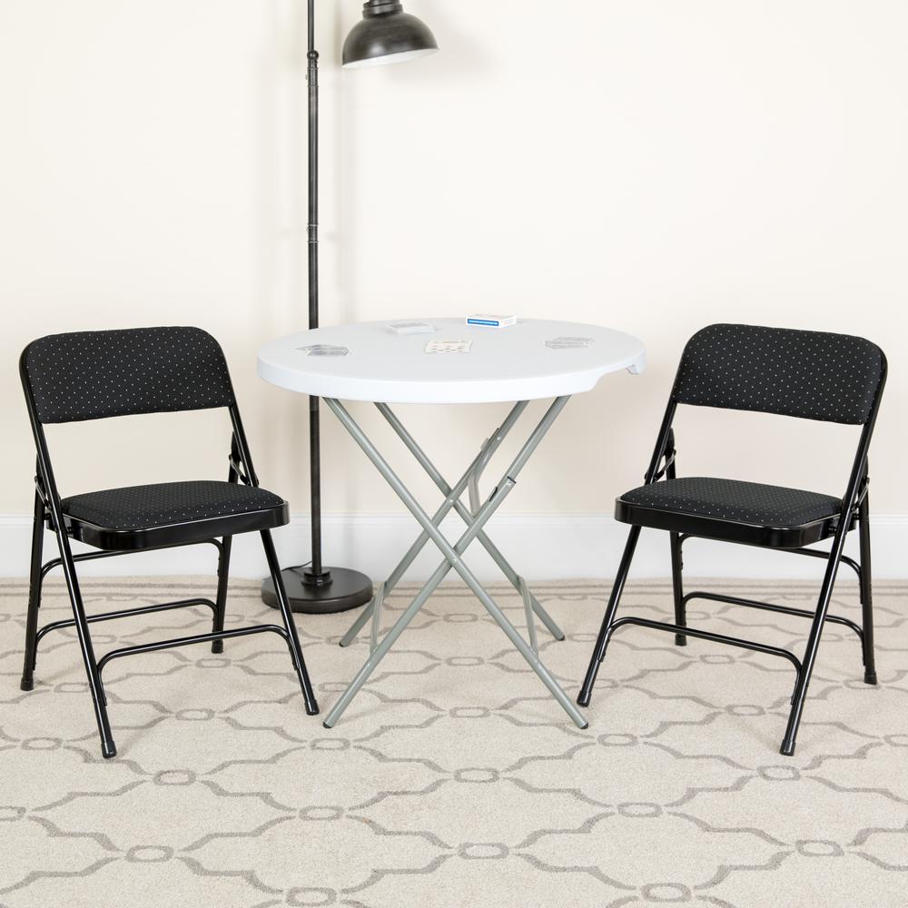 Curved Triple Braced & Double Hinged Black Patterned Fabric Metal Folding Chair