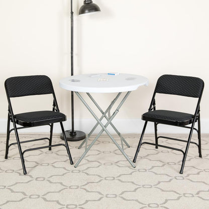 Curved Triple Braced & Double Hinged Black Patterned Fabric Metal Folding Chair