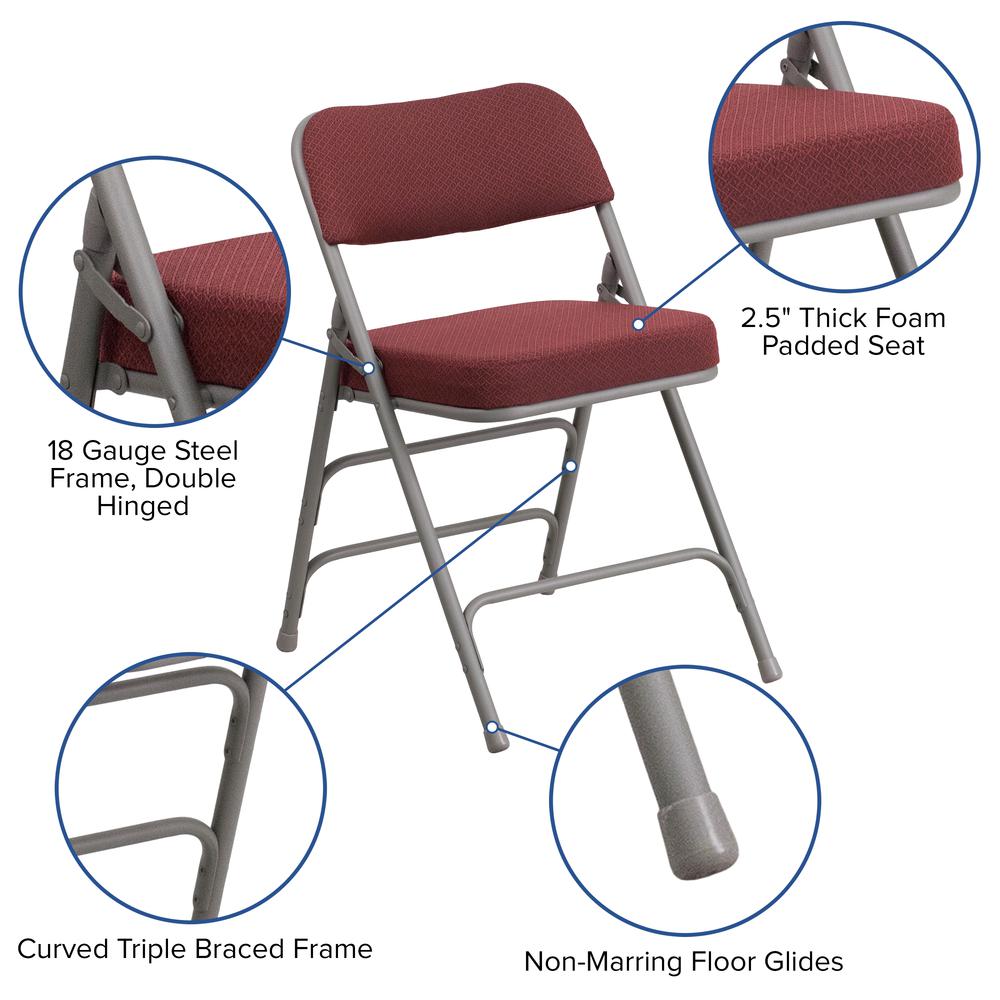 18"W Premium Curved Triple Braced & Double Hinged Burgundy Fabric Metal Folding Chair