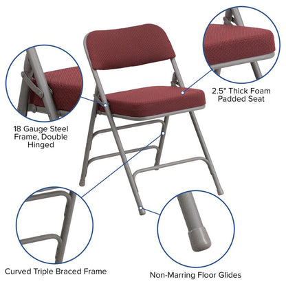 18"W Premium Curved Triple Braced & Double Hinged Burgundy Fabric Metal Folding Chair