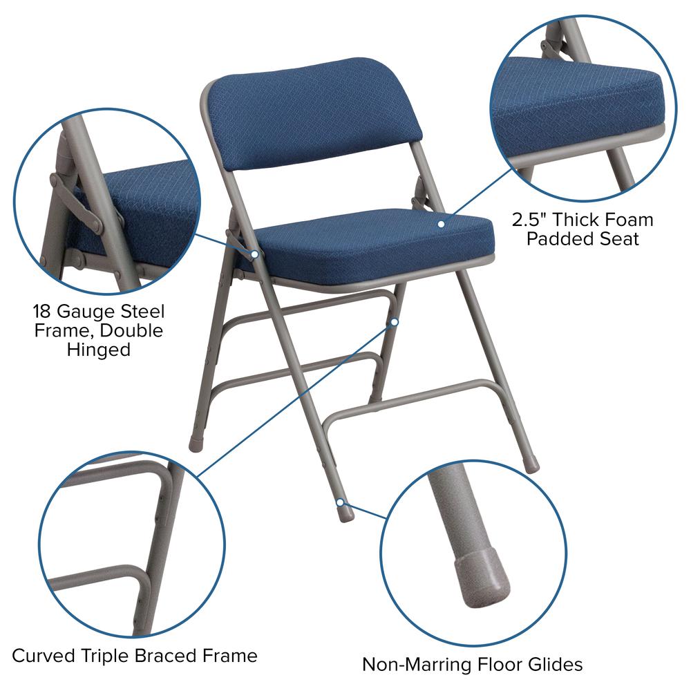18"W Premium Curved Triple Braced & Double Hinged Navy Fabric Metal Folding Chair