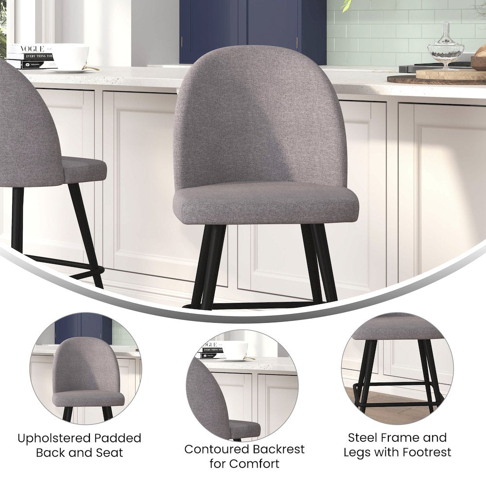 Set of 2 High Back Armless 26" Counter Stools Gray Faux Linen-Set of 2