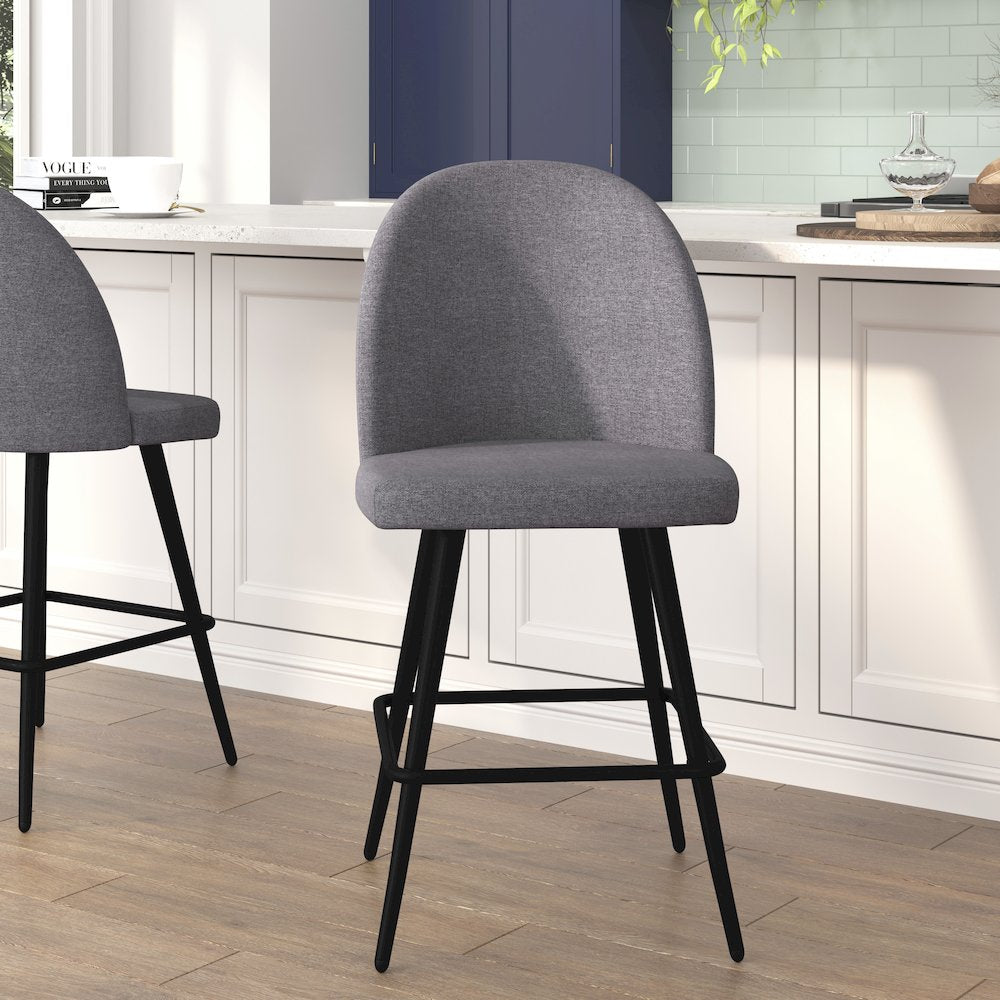Set of 2 High Back Armless 26" Counter Stools Gray Faux Linen-Set of 2