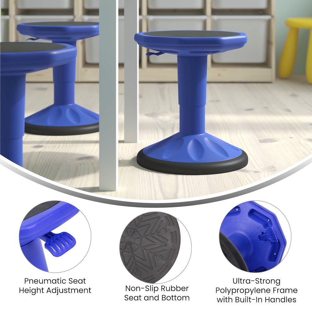 Adjustable Height Kids Active Stool with Bottom in Blue, 14" - 18" Seat Height