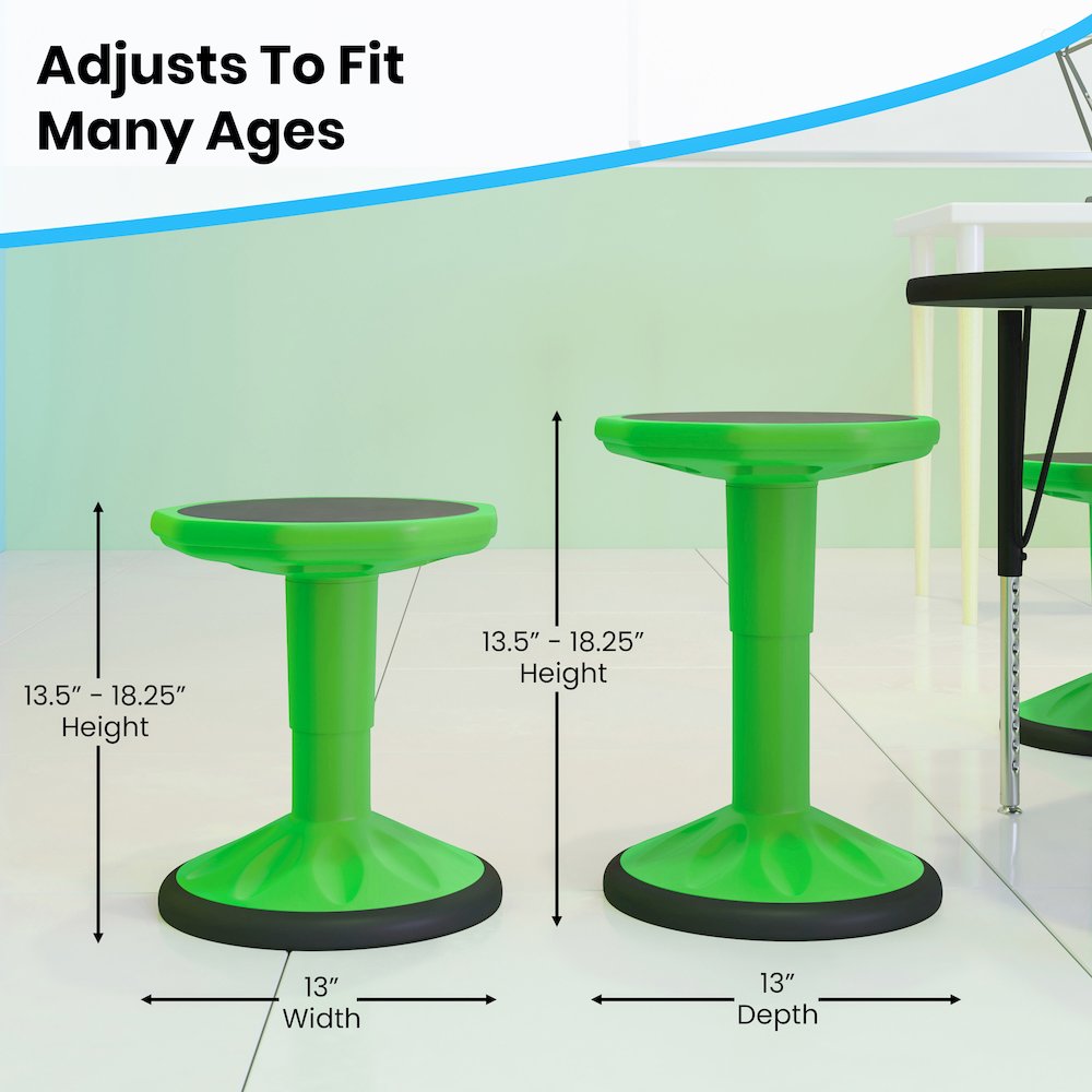 Adjustable Height Kids Active Stool with Bottom in Green, 14" - 18" Seat Height