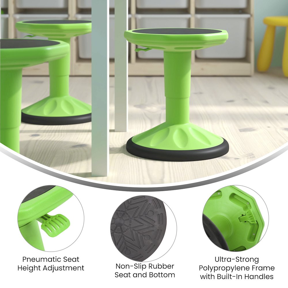 Adjustable Height Kids Active Stool with Bottom in Green, 14" - 18" Seat Height