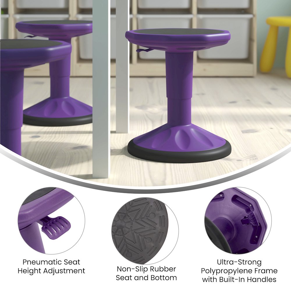 Adjustable Height Kids Active Stool with Bottom in Purple, 14" - 18" Seat Height