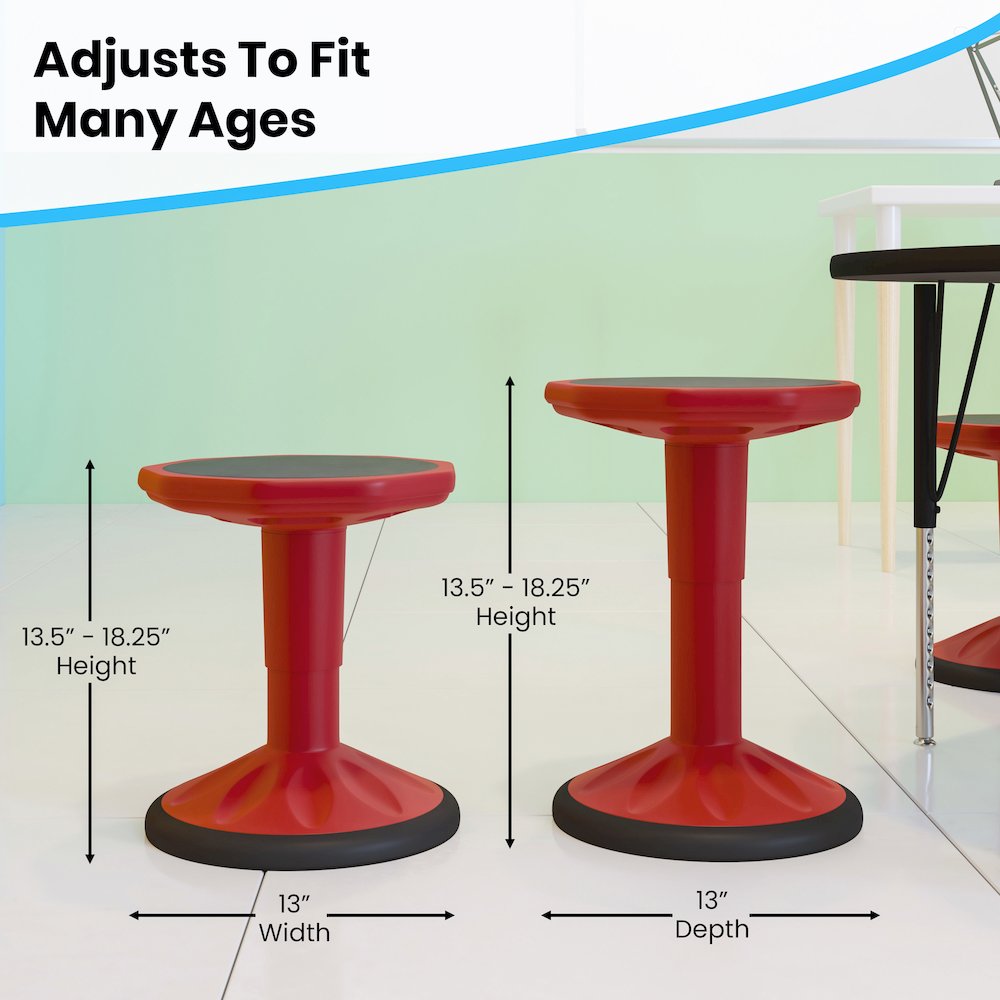 Adjustable Height Kids Active Stool with Bottom in Red, 14" - 18" Seat Height