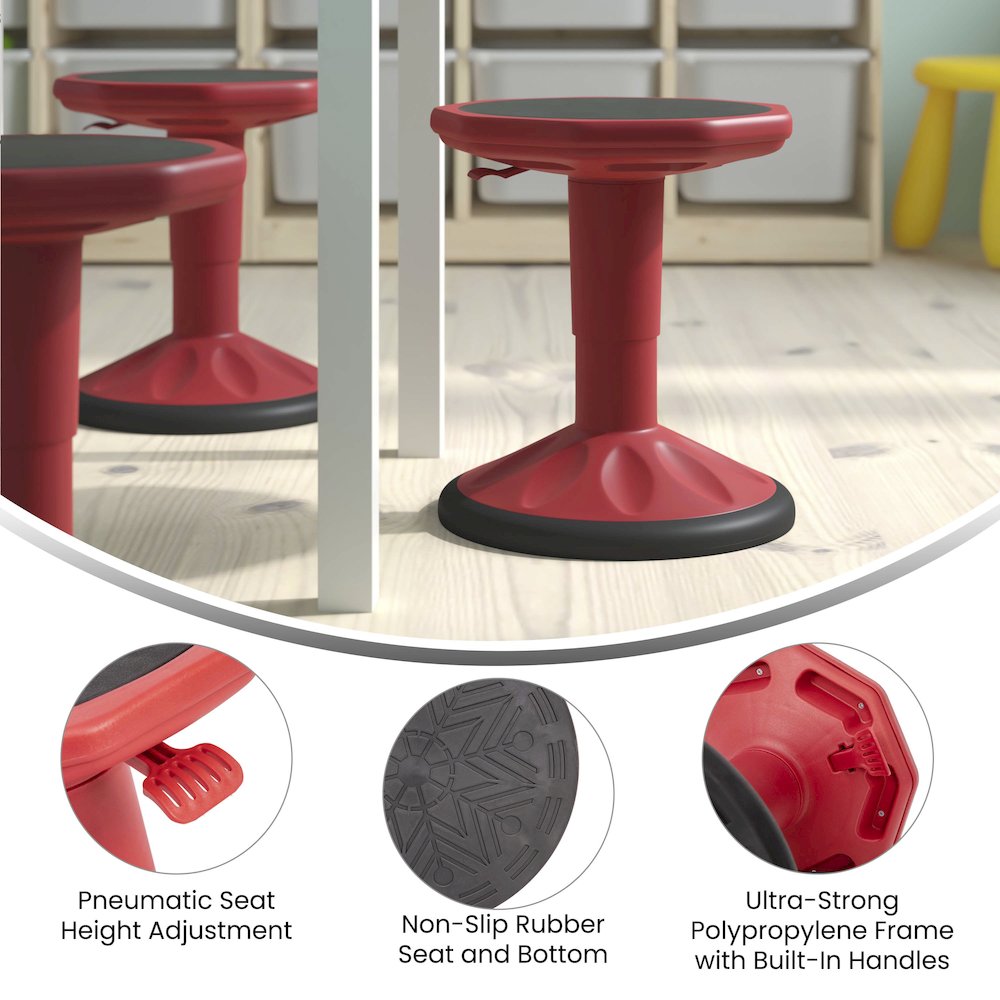 Adjustable Height Kids Active Stool with Bottom in Red, 14" - 18" Seat Height