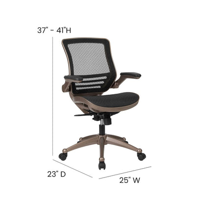 Mid-Back Transparent Black Mesh Executive Swivel Office Chair with Melrose Gold Frame and Flip-Up Arms