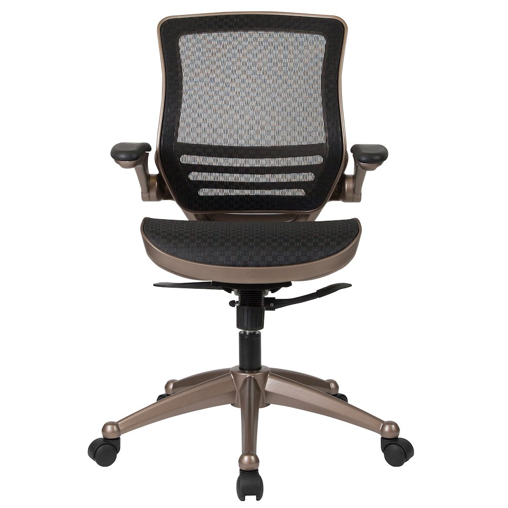 Mid-Back Transparent Black Mesh Executive Swivel Office Chair with Melrose Gold Frame and Flip-Up Arms