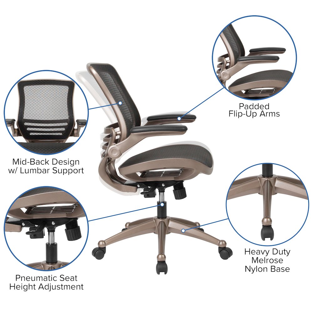 Mid-Back Transparent Black Mesh Executive Swivel Office Chair with Melrose Gold Frame and Flip-Up Arms
