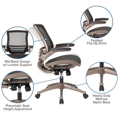 Mid-Back Transparent Black Mesh Executive Swivel Office Chair with Melrose Gold Frame and Flip-Up Arms
