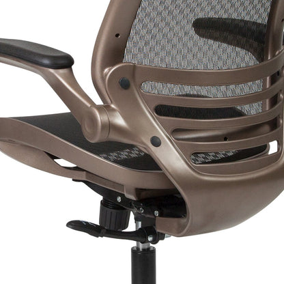 Mid-Back Transparent Black Mesh Executive Swivel Office Chair with Melrose Gold Frame and Flip-Up Arms
