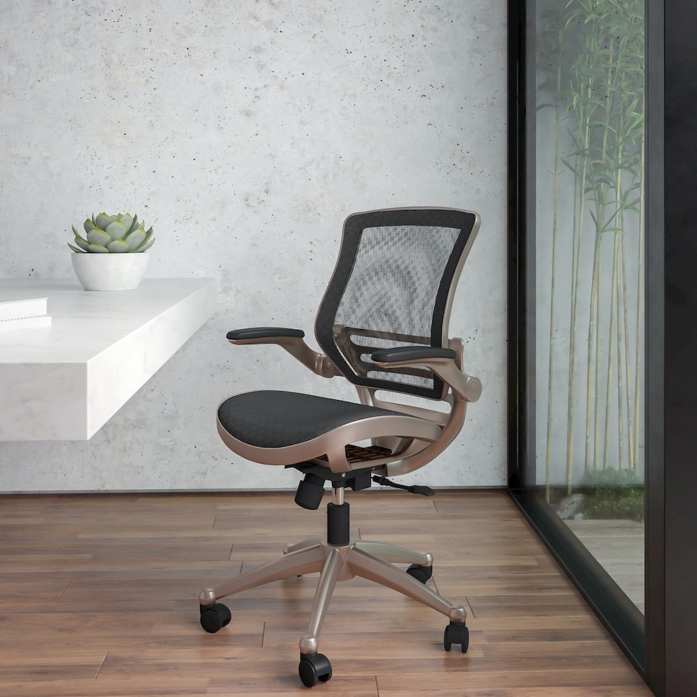 Mid-Back Transparent Black Mesh Executive Swivel Office Chair with Melrose Gold Frame and Flip-Up Arms