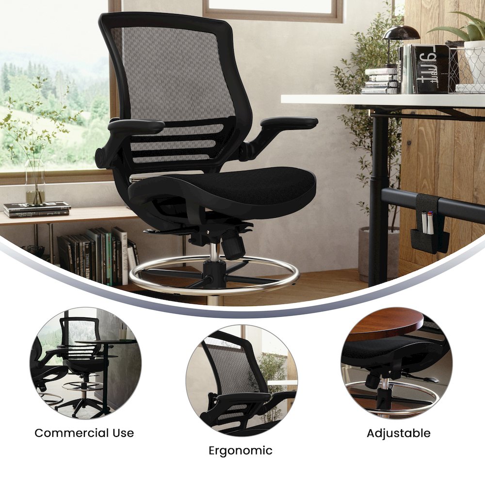 Mid-Back Transparent Black Mesh Drafting Chair with Black Frame and Flip-Up Arms