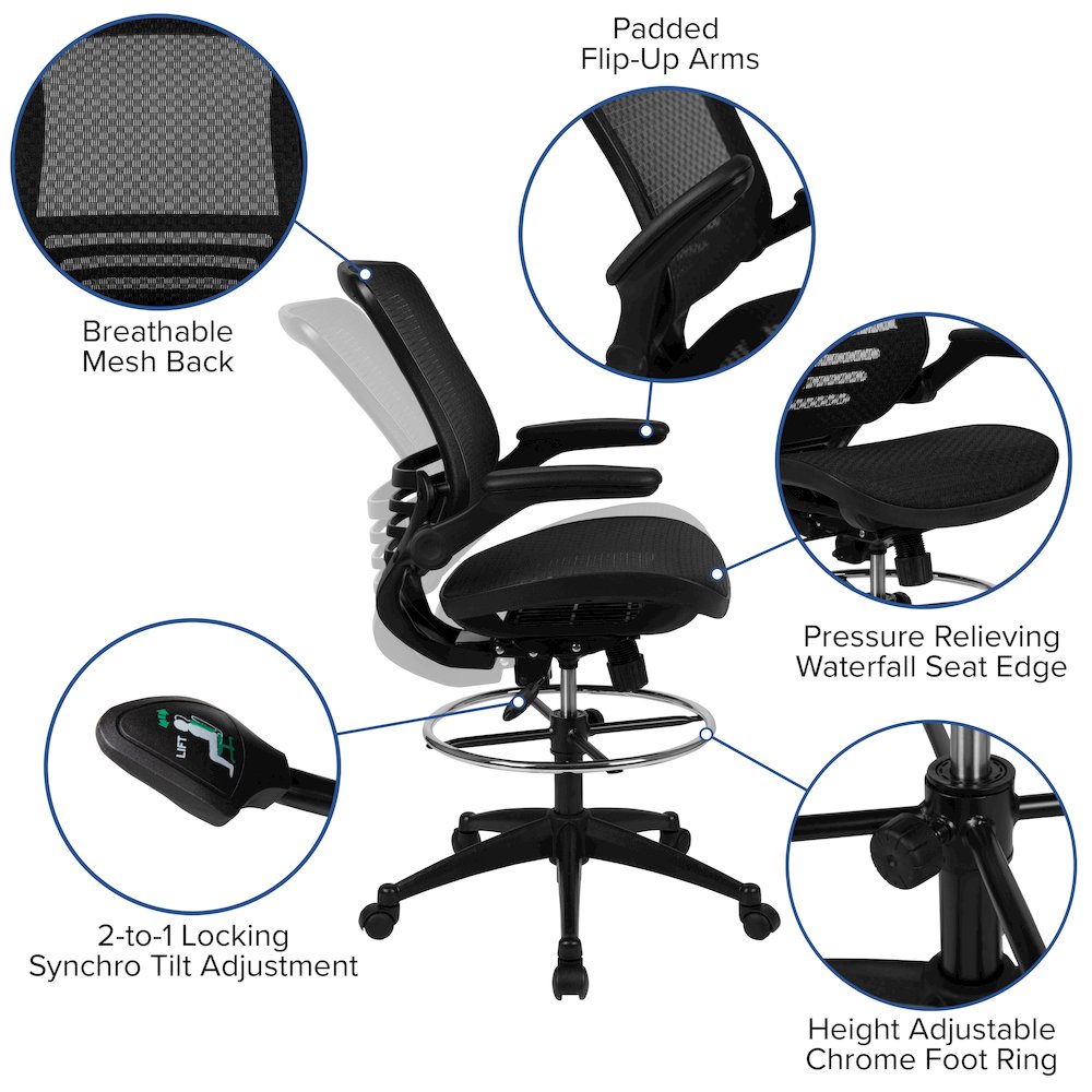 Mid-Back Transparent Black Mesh Drafting Chair with Black Frame and Flip-Up Arms