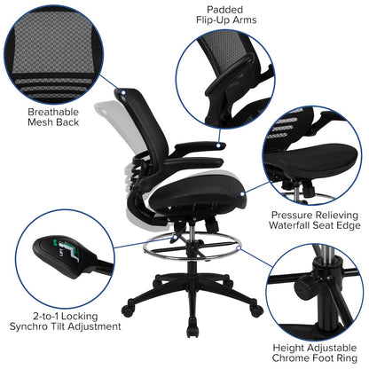 Mid-Back Transparent Black Mesh Drafting Chair with Black Frame and Flip-Up Arms