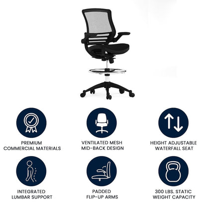 Mid-Back Transparent Black Mesh Drafting Chair with Black Frame and Flip-Up Arms