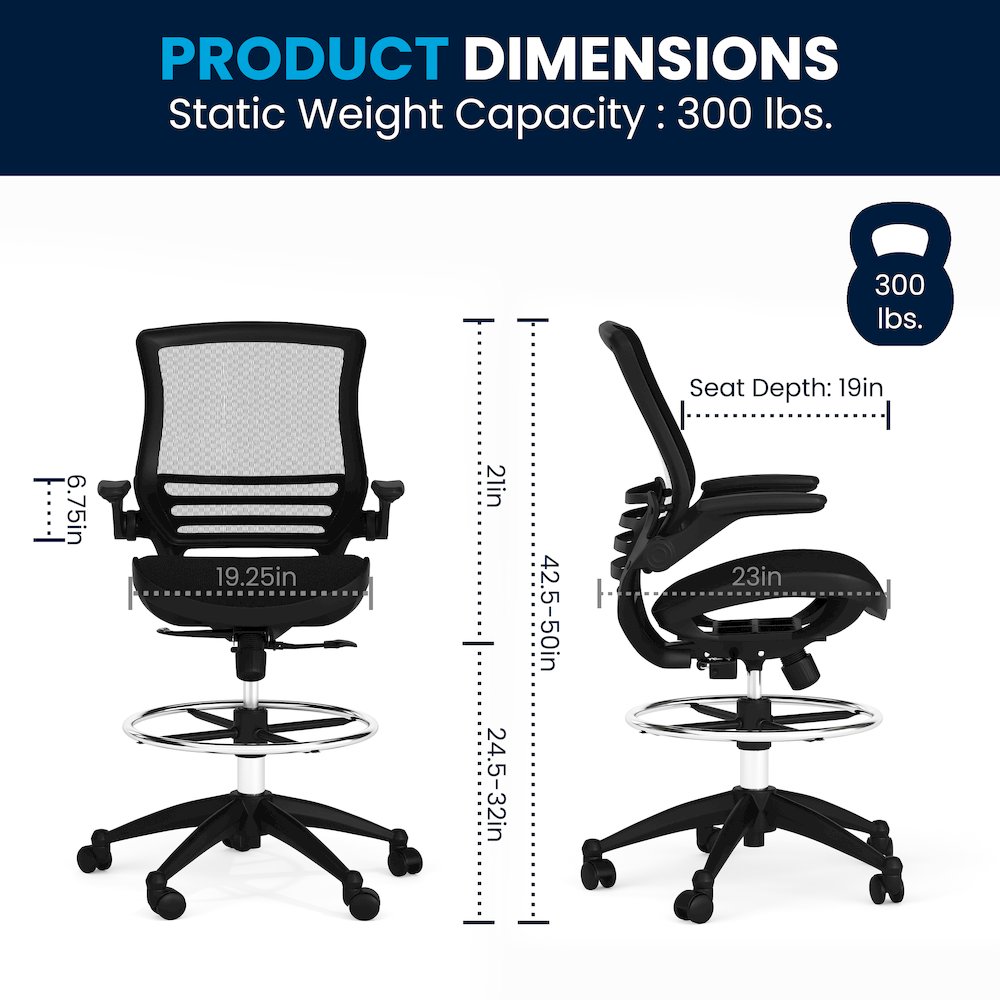 Mid-Back Transparent Black Mesh Drafting Chair with Black Frame and Flip-Up Arms