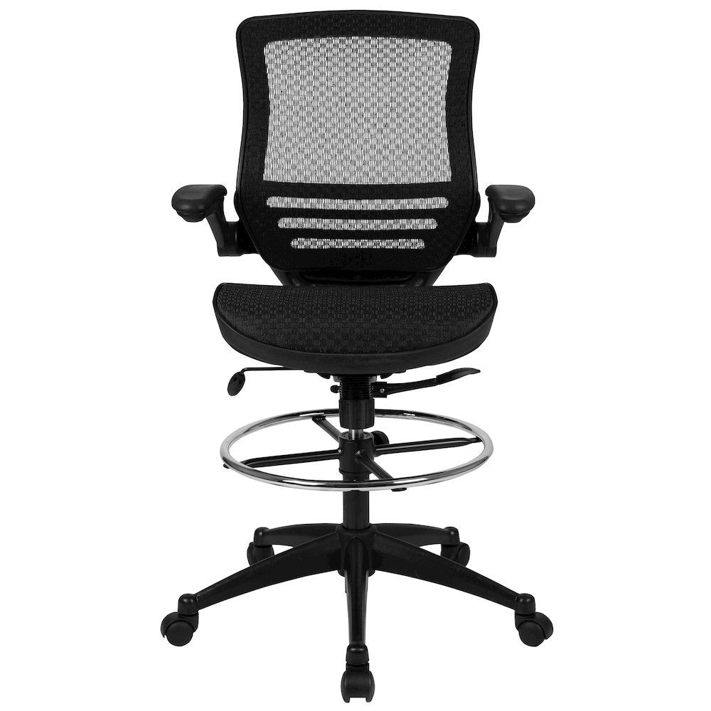 Mid-Back Transparent Black Mesh Drafting Chair with Black Frame and Flip-Up Arms