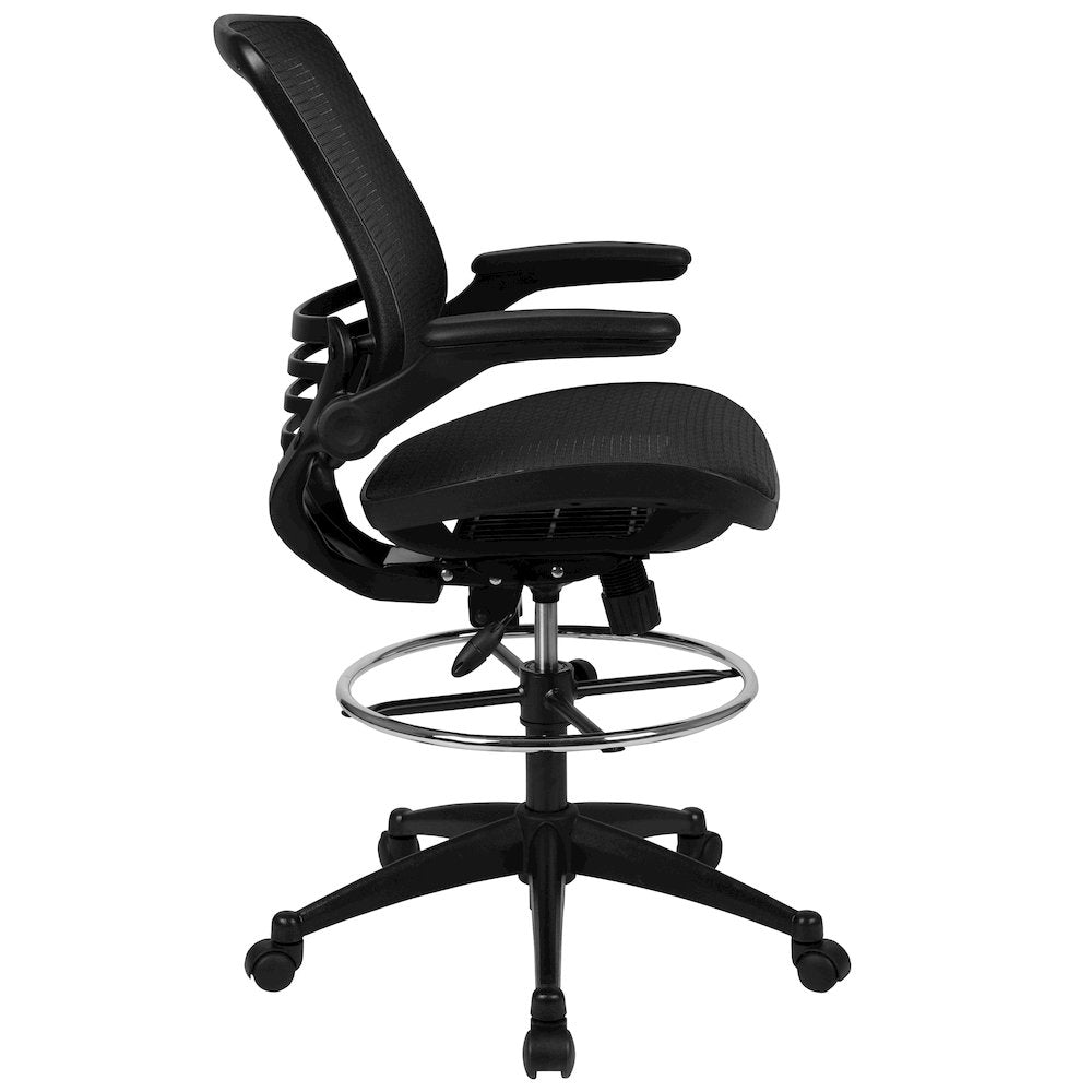 Mid-Back Transparent Black Mesh Drafting Chair with Black Frame and Flip-Up Arms
