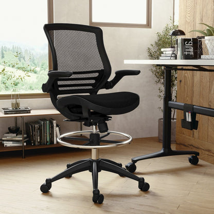 Mid-Back Transparent Black Mesh Drafting Chair with Black Frame and Flip-Up Arms