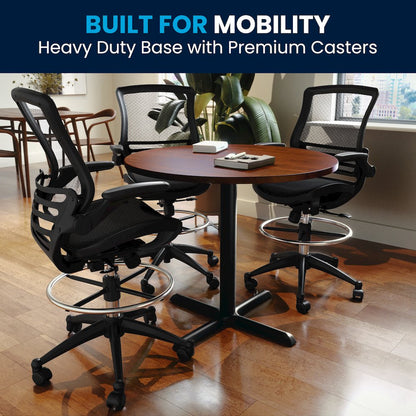 Mid-Back Transparent Black Mesh Drafting Chair with Black Frame and Flip-Up Arms