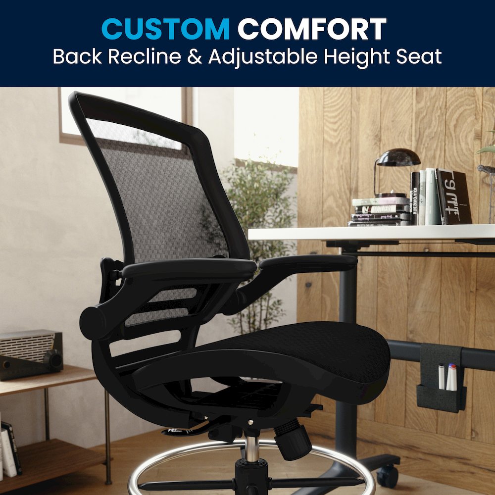 Mid-Back Transparent Black Mesh Drafting Chair with Black Frame and Flip-Up Arms