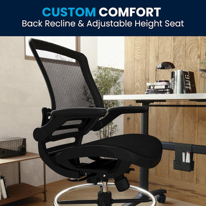 Mid-Back Transparent Black Mesh Drafting Chair with Black Frame and Flip-Up Arms