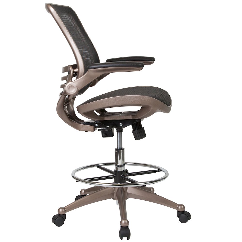 Mid-Back Transparent Black Mesh Drafting Chair with Melrose Gold Frame and Flip-Up Arms