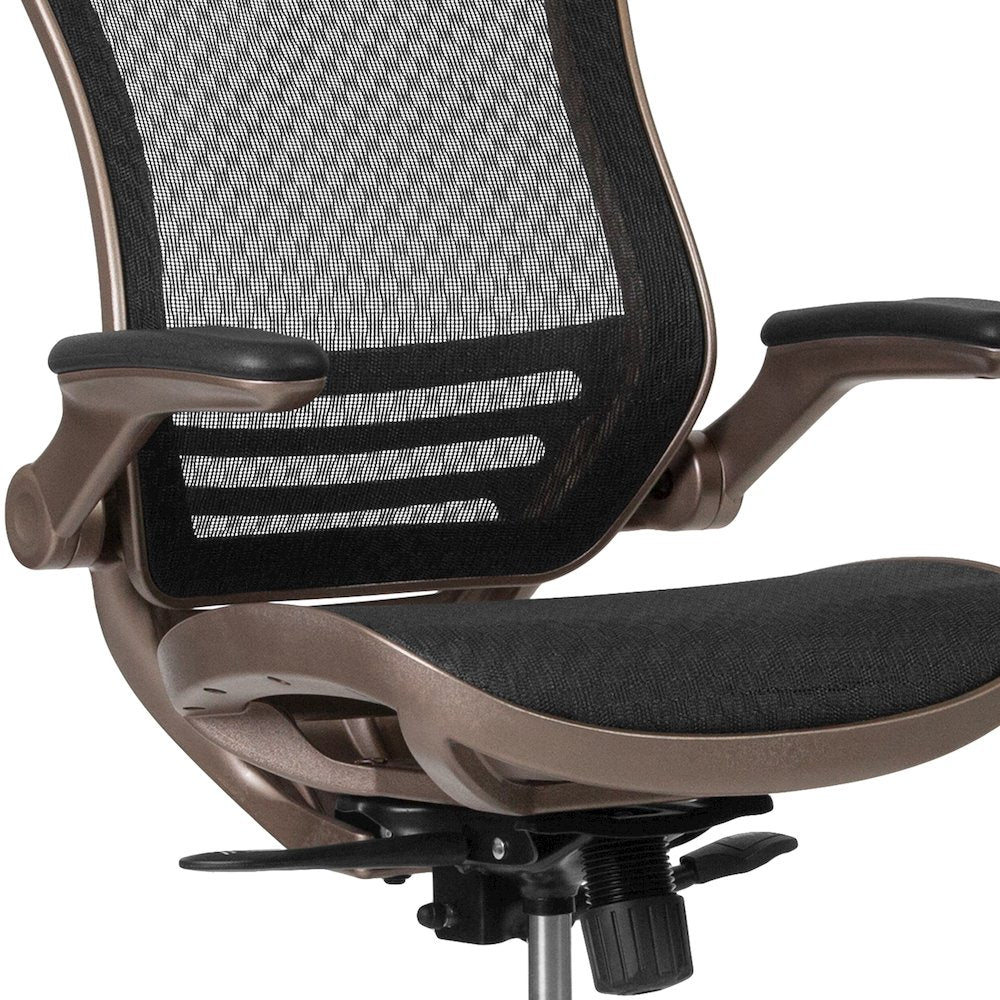 Mid-Back Transparent Black Mesh Drafting Chair with Melrose Gold Frame and Flip-Up Arms