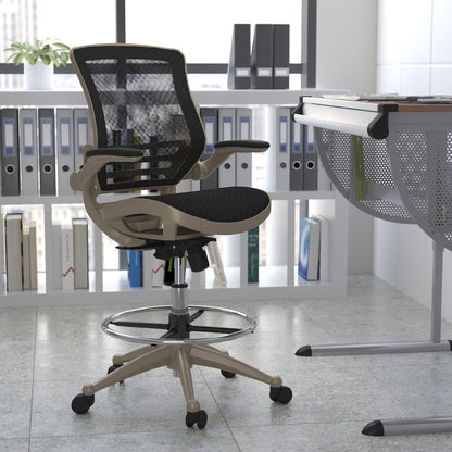 Mid-Back Transparent Black Mesh Drafting Chair with Melrose Gold Frame and Flip-Up Arms
