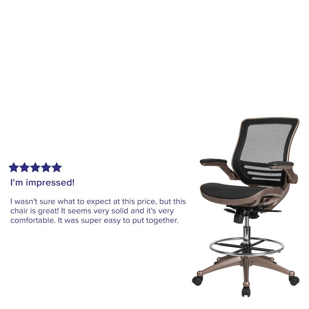 Mid-Back Transparent Black Mesh Drafting Chair with Melrose Gold Frame and Flip-Up Arms