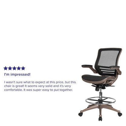 Mid-Back Transparent Black Mesh Drafting Chair with Melrose Gold Frame and Flip-Up Arms
